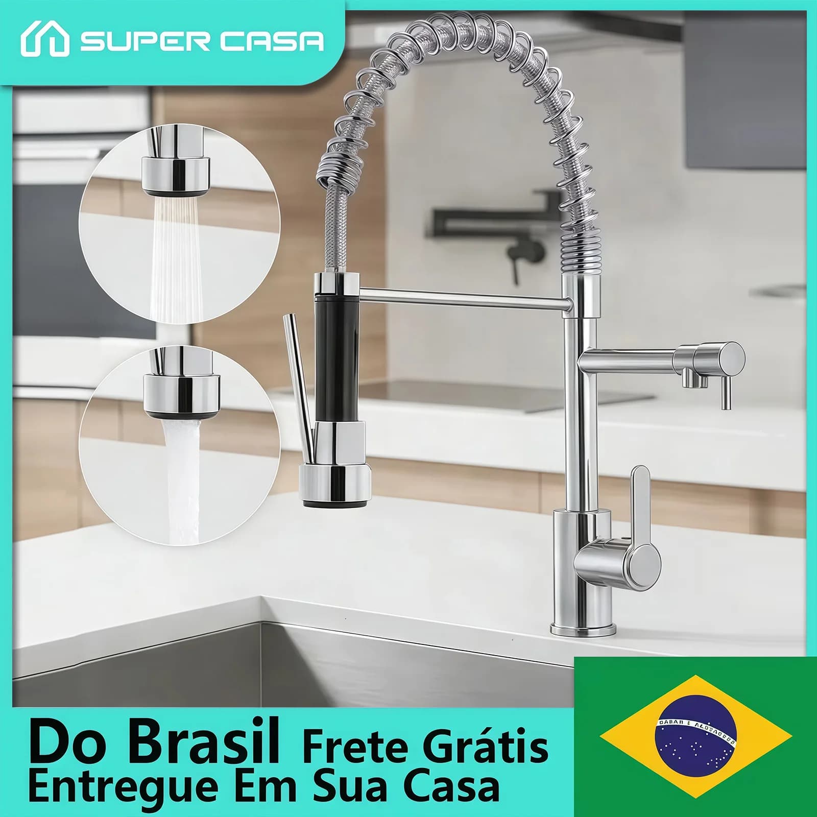 Torneira de Cozinha Gourmet Vertical com Mola Retrátil Preta e Prata Água Quente e Fria