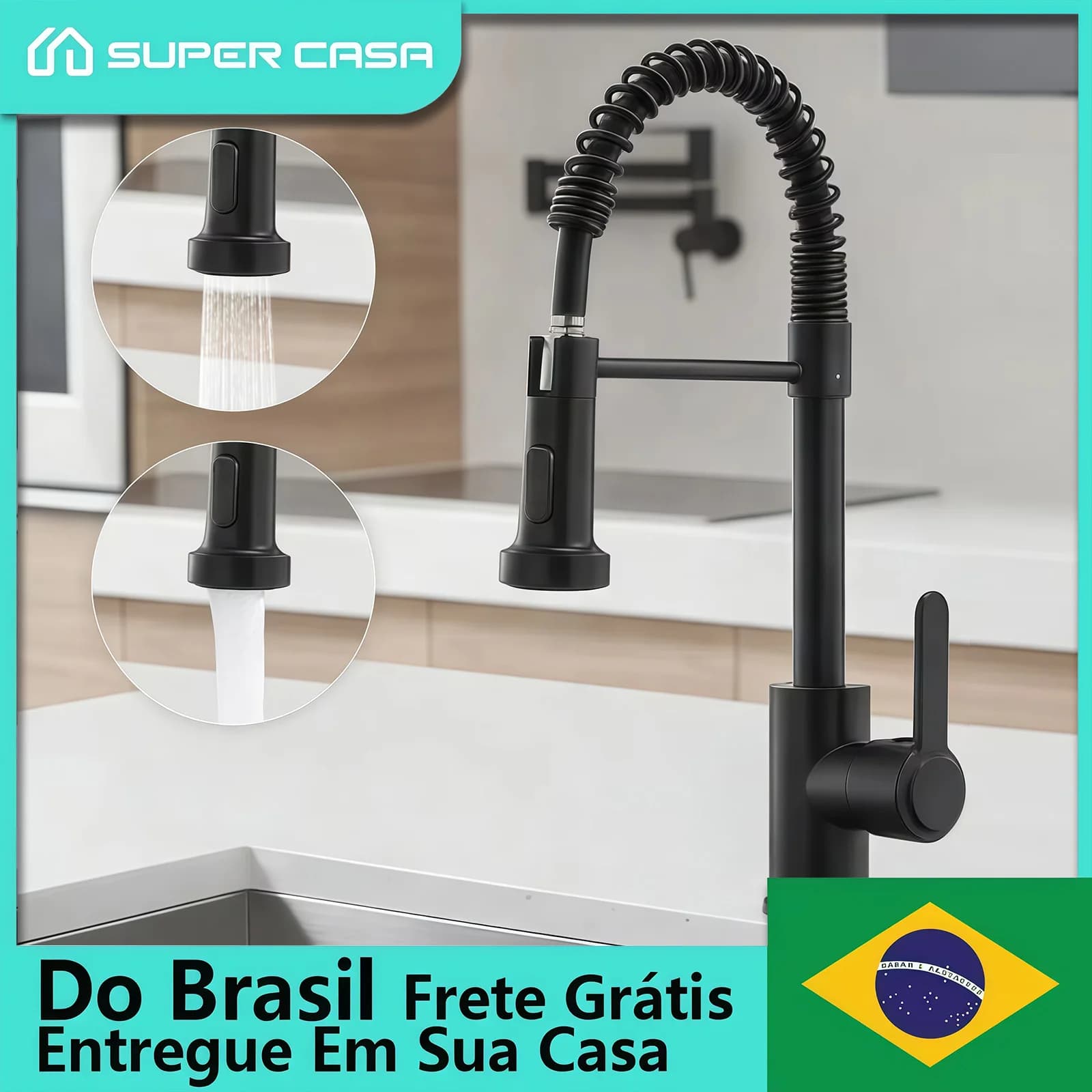Torneira de Cozinha Gourmet Vertical Preta com Mola Retrátil Água Quente e Fria Envio SP 12h Úteis
