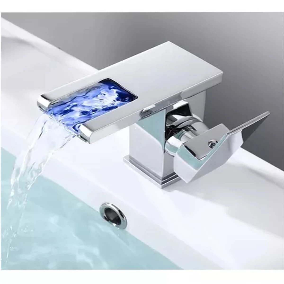 Torneira de pia de banheiro monocomando com cascata e LED em prata