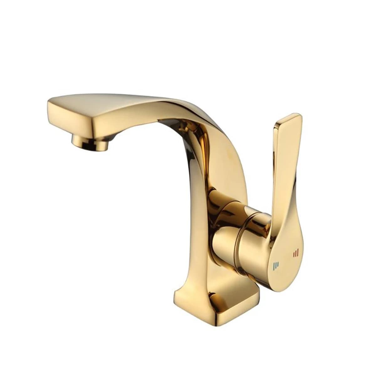 Torneira monocomando para pia de banheiro em ouro, design elegante e moderno, corpo curvado, bico de água em forma de arco, acabamento brilhante.