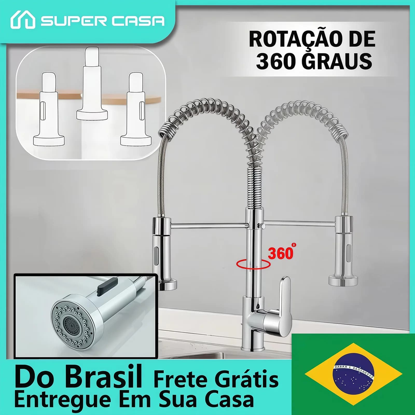 Torneira Gourmet Vertical para Cozinha com Mola Retrátil Água Quente e Fria