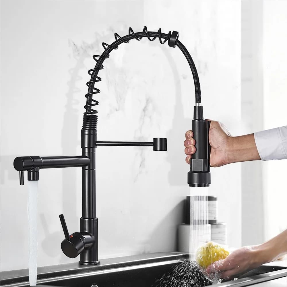 Torneira Gourmet de Cozinha Preta, Misturador Monocomando 360° com 2 Mangueiras Inox
