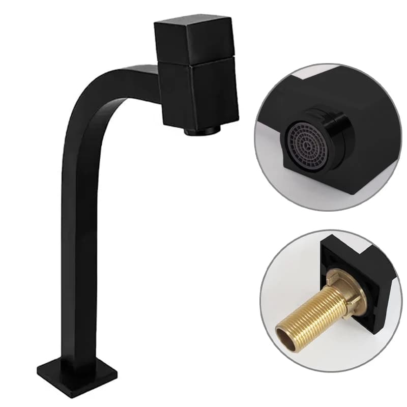 Torneira de banheiro preta com design quadrado e monocomando, visão frontal e lateral