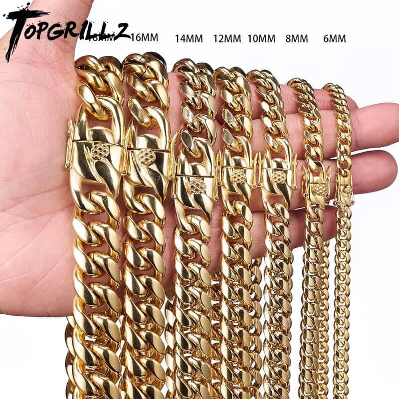 Topgrillz botão de torneira de corrente cubana, aço inoxidável, cor dourada, hip hop, joias da moda para presente, 6mm/10mm/12mm/14mm/16mm/18mm
