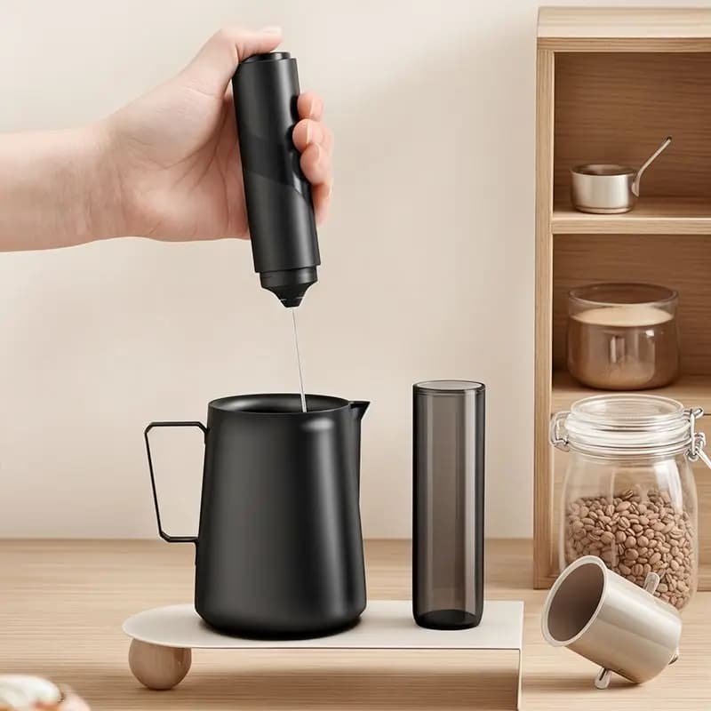 Misturador de café preto em uso