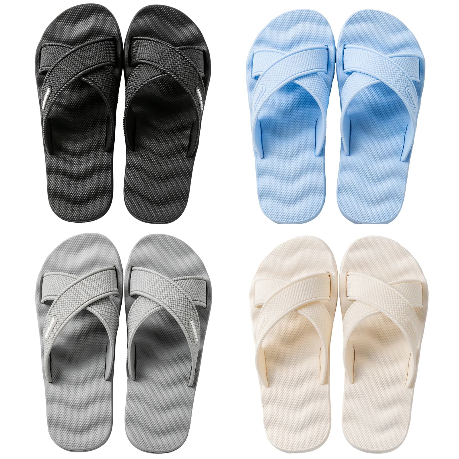 Chinelos masculinos em preto, azul, cinza e bege com textura perfurada e tira cruzada