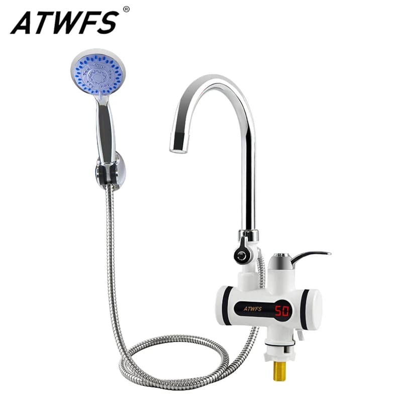 Torneira aquecedora de água ATWFS com chuveiro de mão em preto e branco
