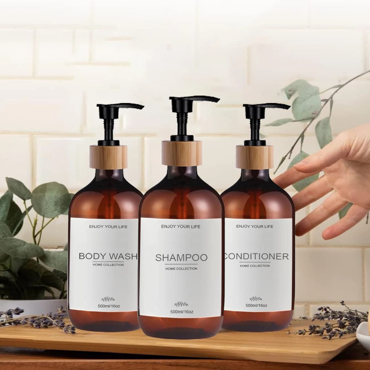 Dispensador de garrafas de shampoo e condicionador 500ml, 3 pacotes, vidro marrom com tampas de bambu