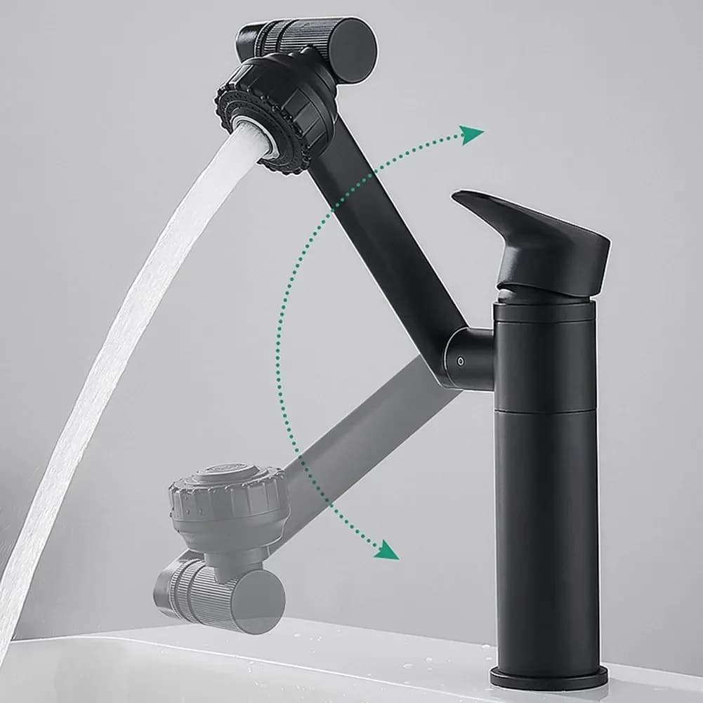 Torneira de pia preta com aerador e água fluindo, design moderno, controle de temperatura.