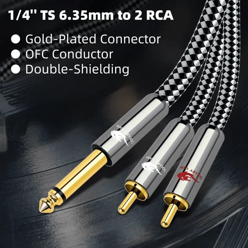 Cabo de Áudio 1/4'' TS Mono 6.35mm para 2 RCA Macho com Conectores Dourado e Prata