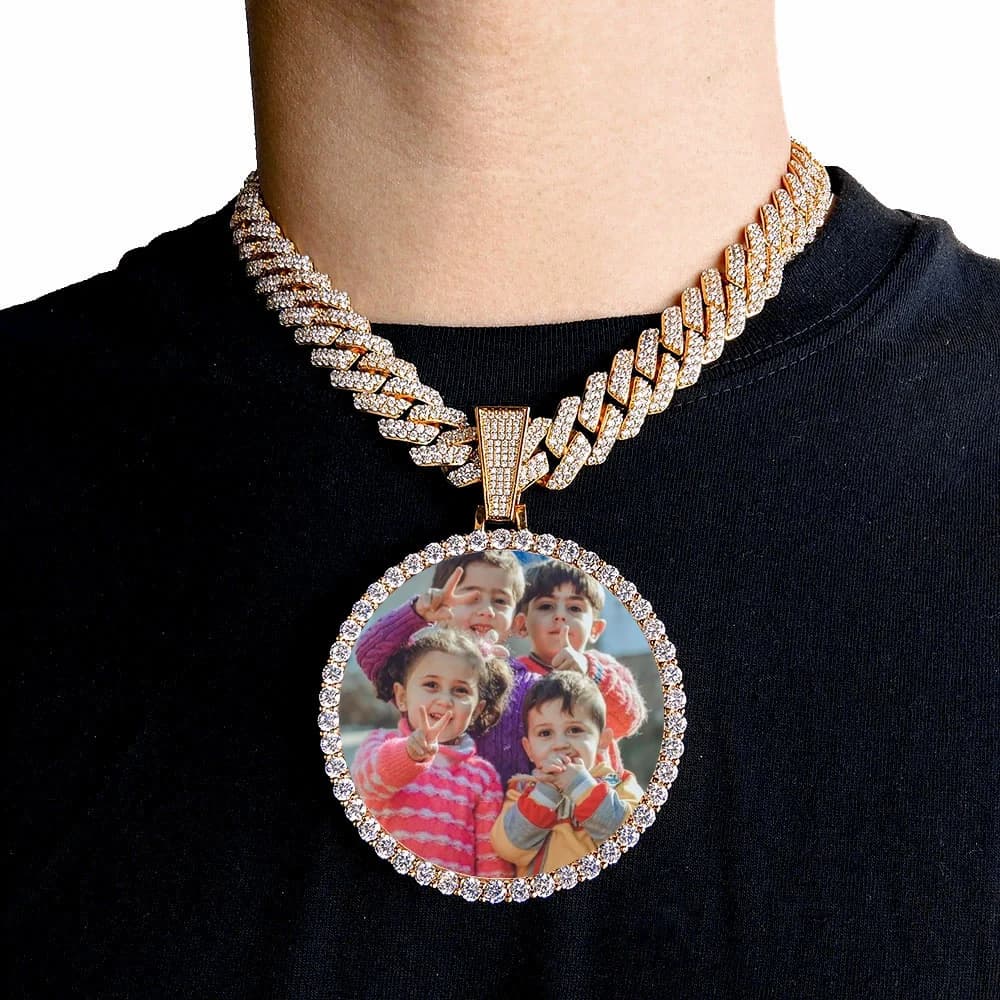 Colar de ouro 18k com pingente de foto personalizado para homens