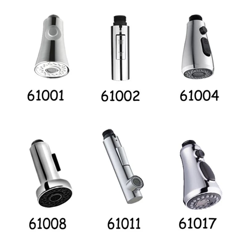 Seis modelos de bicos de chuveiro pulverizador em prata e preto, numerados de 61001 a 61017.