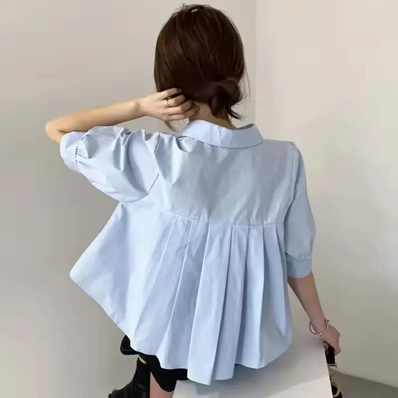 Coreano voltar plissado solto branco boneca camisa puff manga lapela blusa senhora casual versátil azul irregular verão topos
