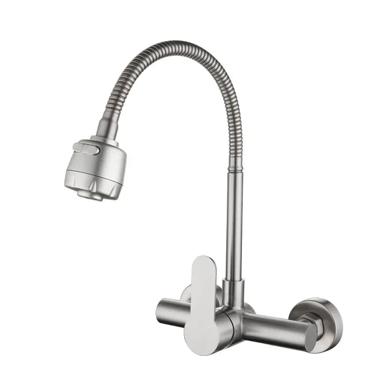 Torneira de cozinha em aço inoxidável 304, montada na parede, com bico flexível e bica de água