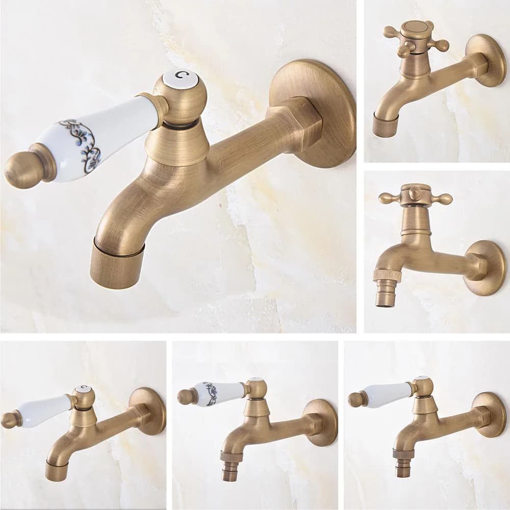 Torneira de cozinha antiga de bronze com cabo branco, design de alavanca única, montagem na parede, vários ângulos
