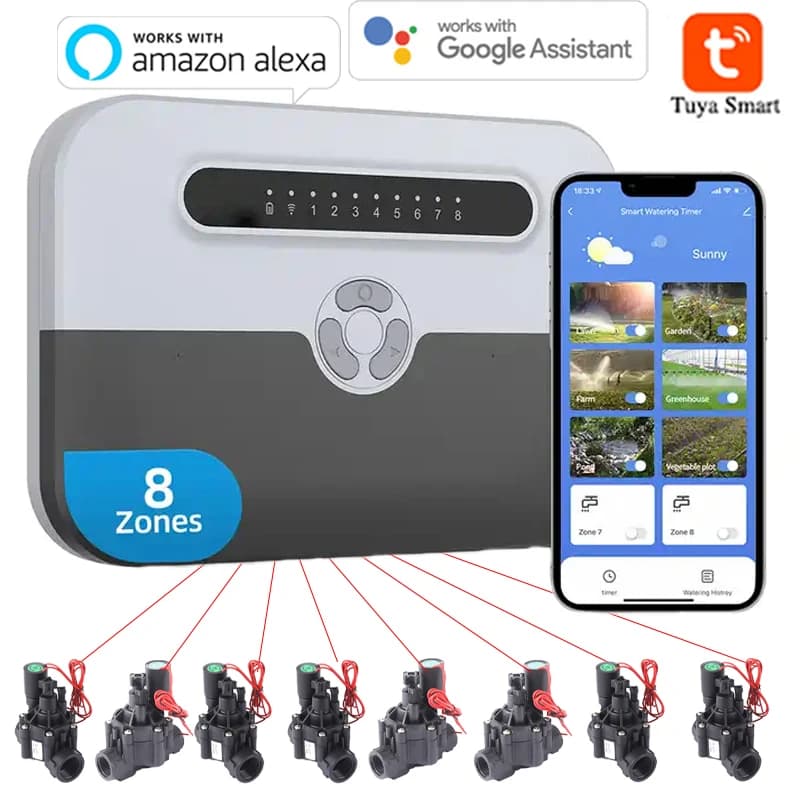 Controlador inteligente de aspersão interno wi-fi, 8 estações, sistema de irrigação com válvula solenóide, controle remoto por telefone, funciona com alexa