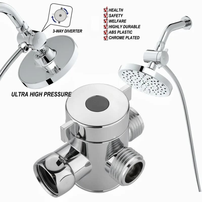 Válvula desviadora cromada 3 vias para chuveiro com adaptadores e interruptor ajustável
