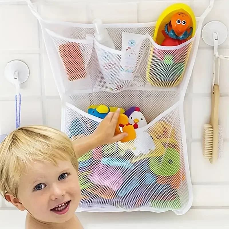 Cesto Organizador de Brinquedos de Banho para Bebês, Branco, com Sucção, para Banheiro, para Pendurar na Banheira, Saco de Malha para Brinquedos de Água