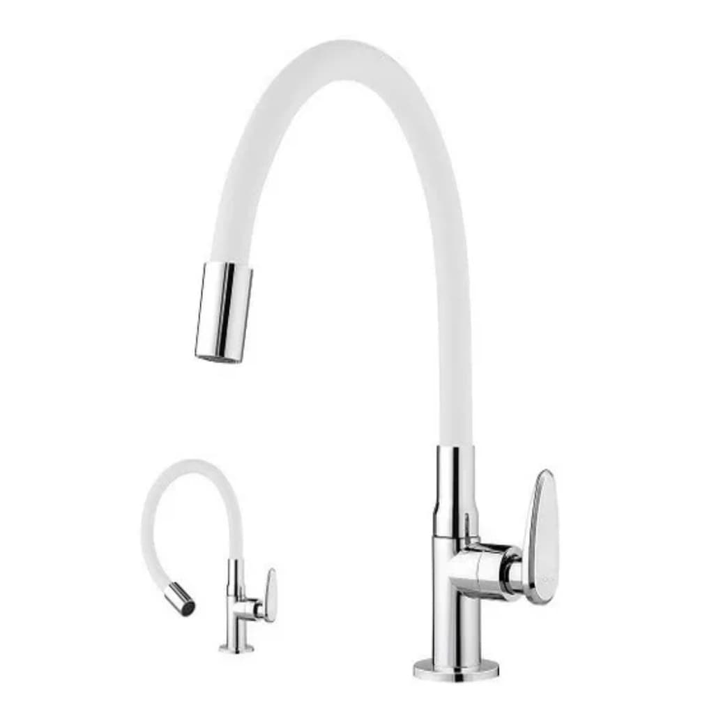 Torneira gourmet branca e cromada para pia de cozinha ou bancada, design moderno e elegante