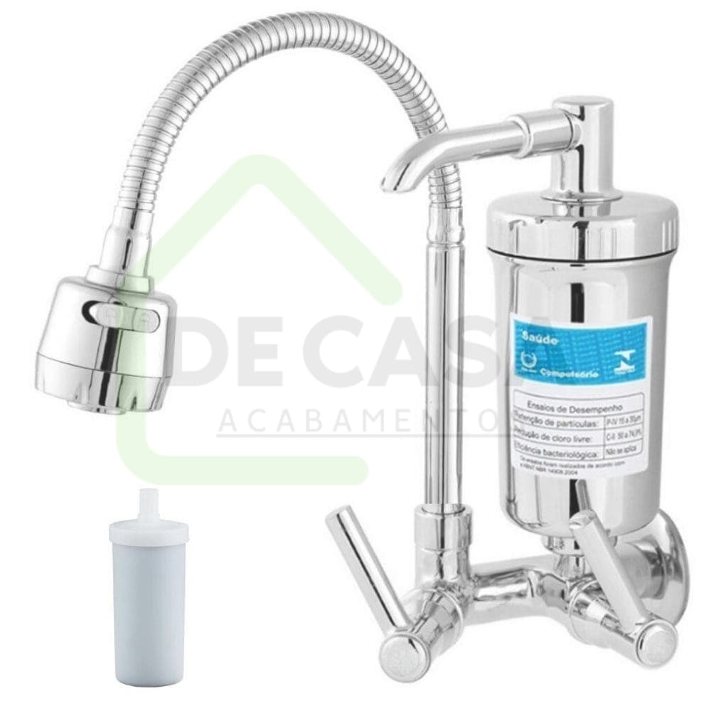 Torneira Gourmet Com Filtro ABS para Parede Cozinha Cromada com Chuveirinho Flexível + 1 Refil de Filtro / Torneira Filtro Gourmet 1/4 de Volta 2174 c65