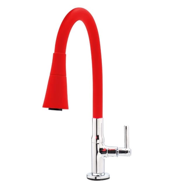 Torneira flexível de cozinha vermelha com design moderno, fundo branco