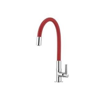 Torneira flexível gourmet vermelha com tubo curvado, ângulo de 45 graus, fundo branco, acabamento em aço inoxidável.