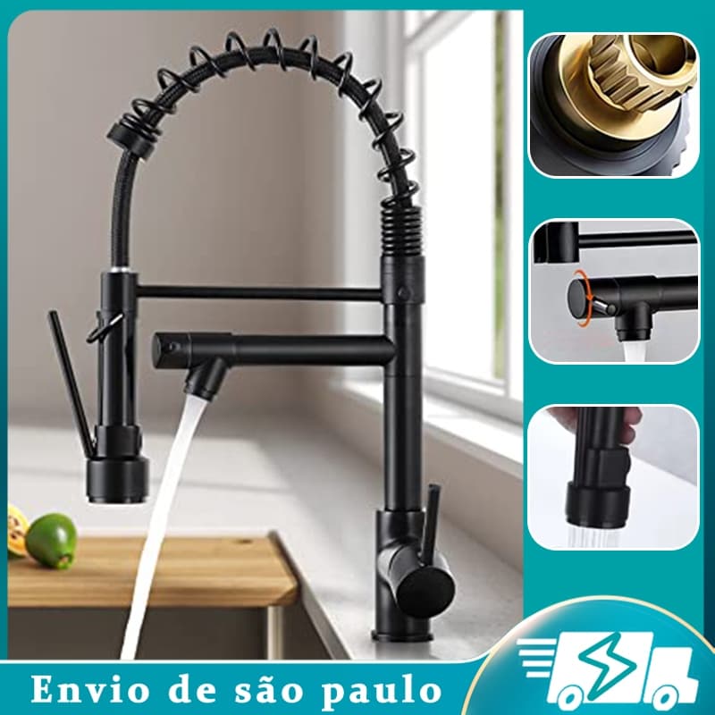 Torneira de cozinha preta com design flexível e spray extensor, pronta para entrega imediata