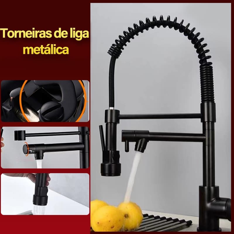 Torneira gourmet preta com mangueira flexível e spray extensor, em uso com água fluindo.
