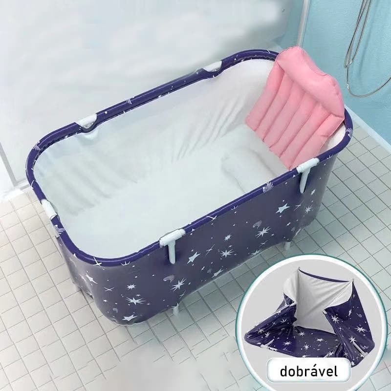 Banheira dobrável adulto azul escuro com encosto inflável rosa
