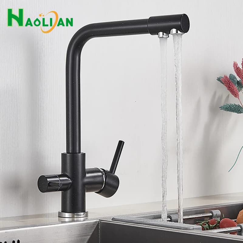 Torneira de cozinha preta com filtro e purificador de água, modelo NAOLIAN, em lavatório de pia com água fluindo