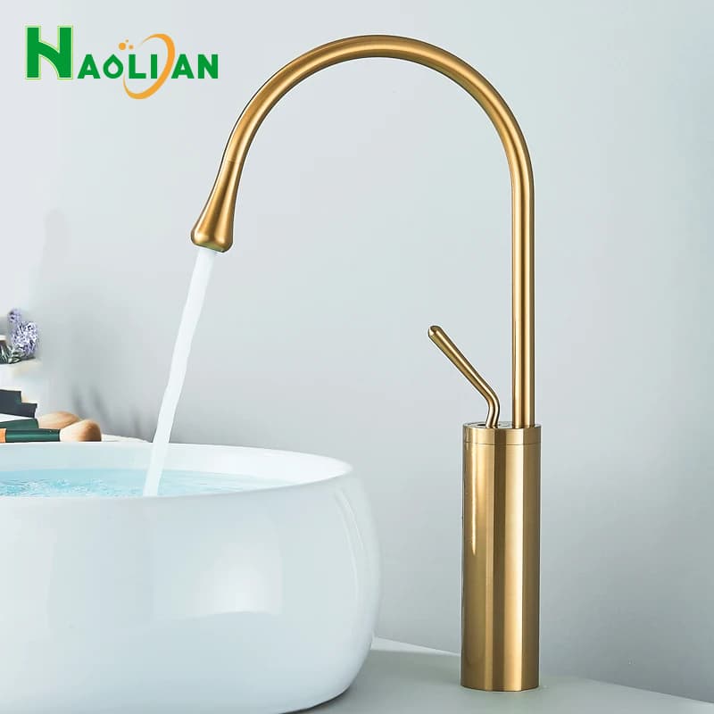 Torneira de banheiro moderna em ouro, água fluindo, bacia branca, logotipo NAOLIAN