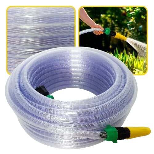 Mangueira de jardim trançada em cristal com esguicho e união, transparente, rolo de mangueira, esguicho amarelo e verde