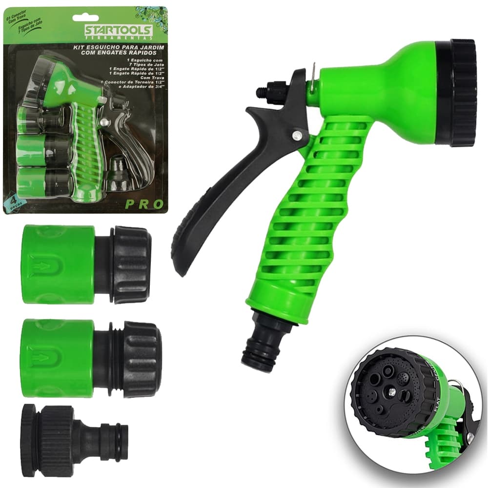 Kit de esguicho de jardim com 7 funções e engate rápido - verde e preto