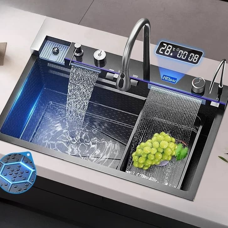 Pia de cozinha gourmet em aço inoxidável com iluminação LED azul e display de temperatura