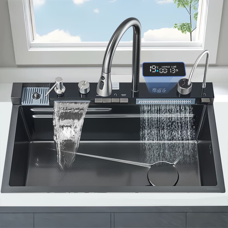 Kit de pia de cozinha gourmet luxo com torneira digital e acessórios, aço inoxidável, preto