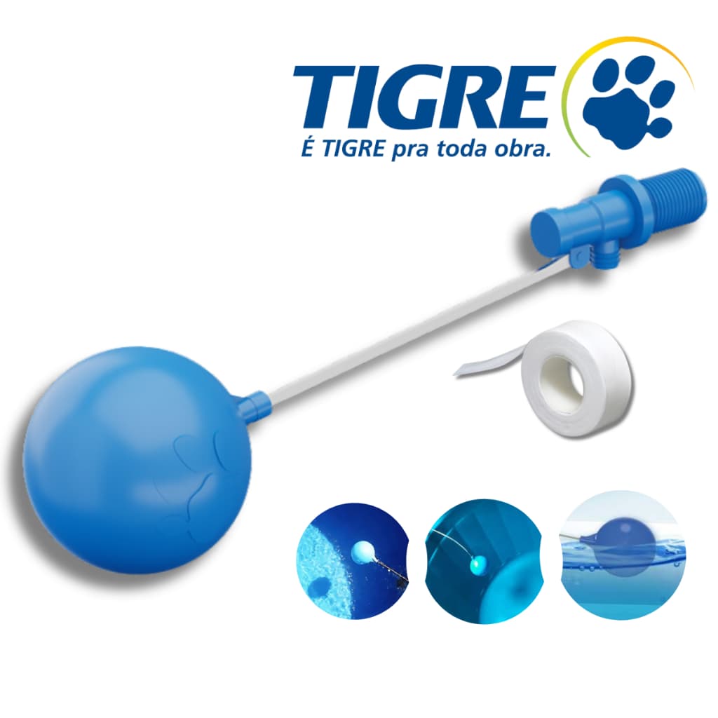 Torneira boia azul com vedação de rosca e logotipo da marca Tigre