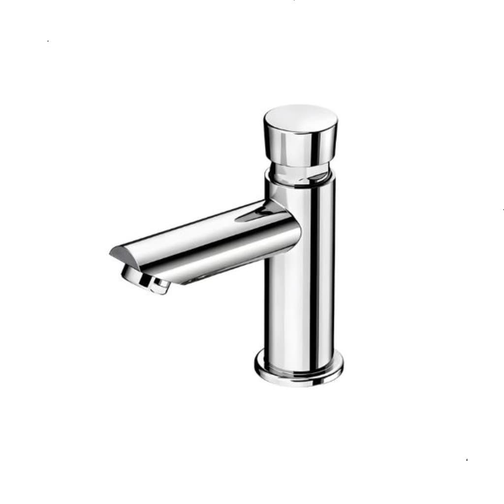 Torneira de lavatório automática temporizada para banheiro em ABS cromado, ângulo frontal, fundo branco