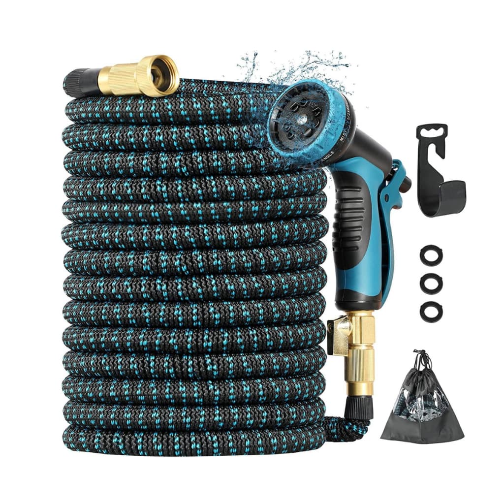 Mangueira de jardim expansível 30 metros com bico esguicho azul e preto, suporte e bolsa