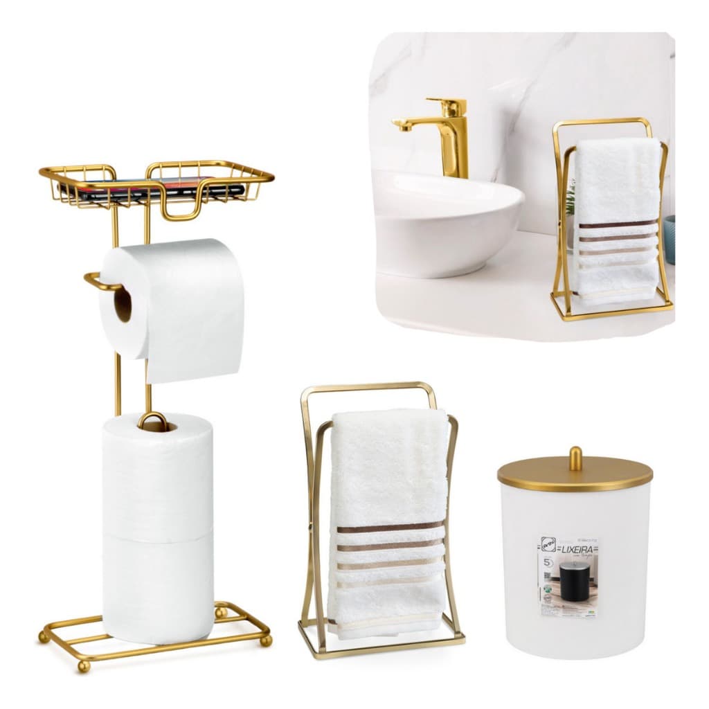 Kit Acessórios Banheiro Dourado com Lixeira, Papeleira, Suporte Toalha e Jarra