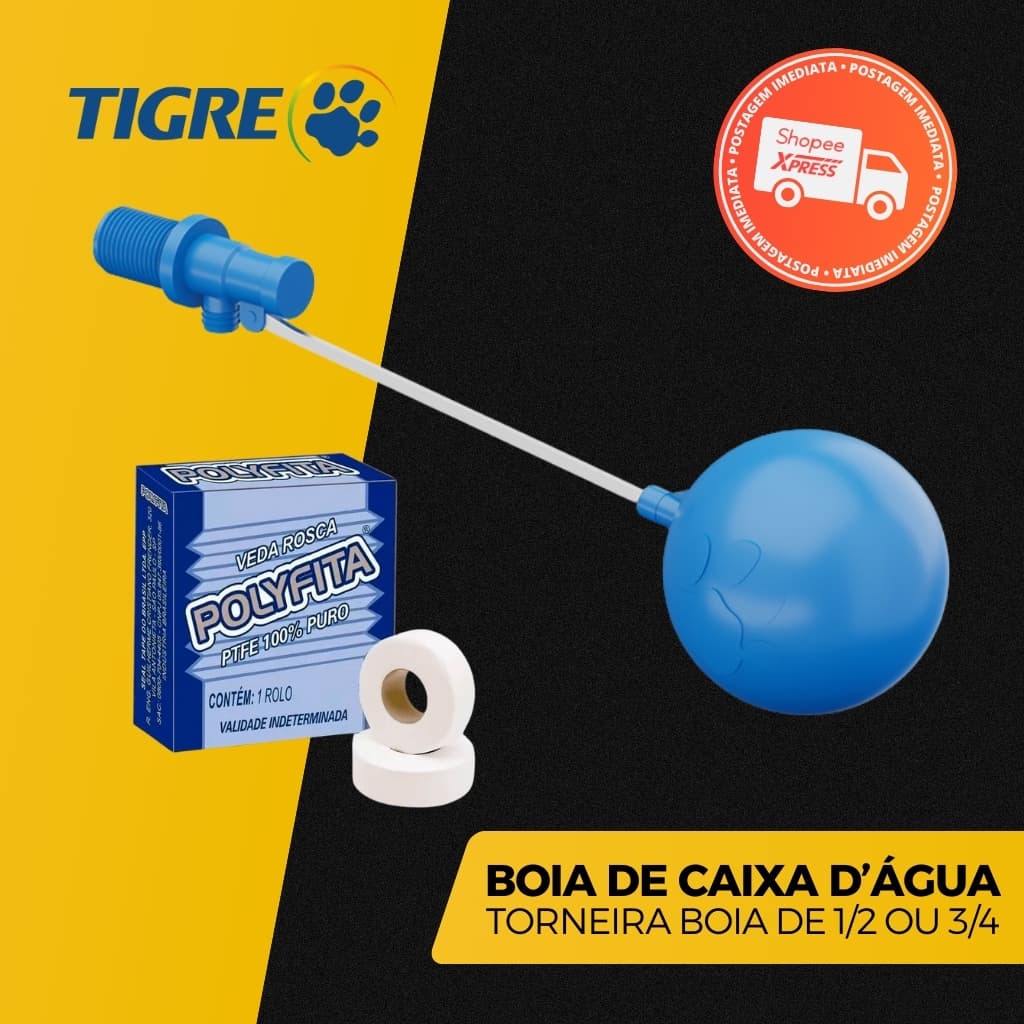 Torneira boia Tigre com vedação rosca Polyfita para caixa d'água