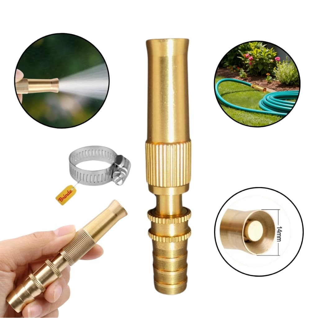 Esguicho de mangueira 1/2 em ouro com detalhe de pulso e clipe de metal, imagem de fundo de jardim, 14mm