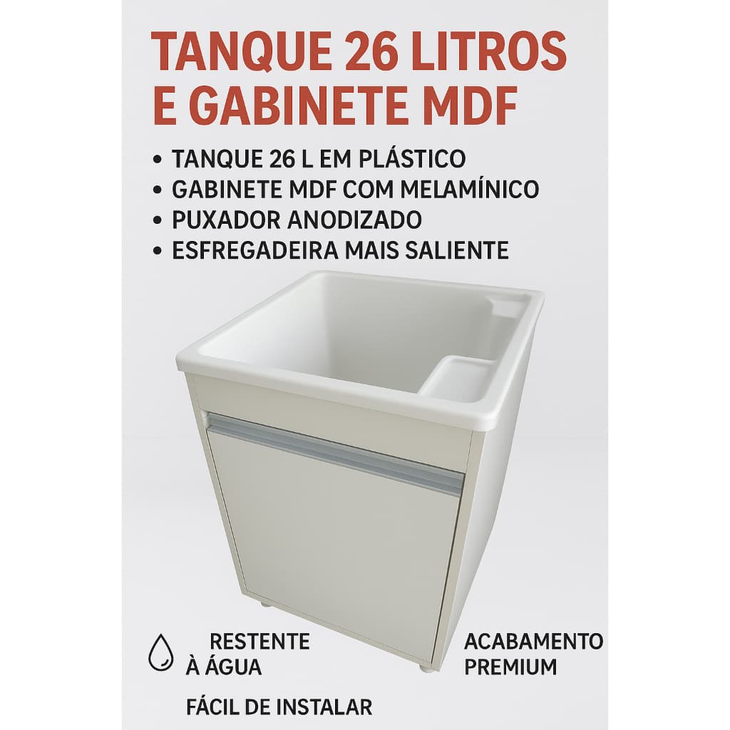 tanque 26 litros com bancada para torneira e gabinete em mdf para lavanderia entregue montado