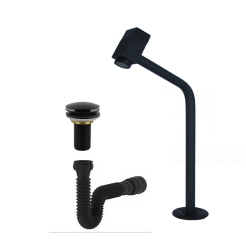 Conjunto de torneira preta para banheiro com válvula e sifão, fundo branco