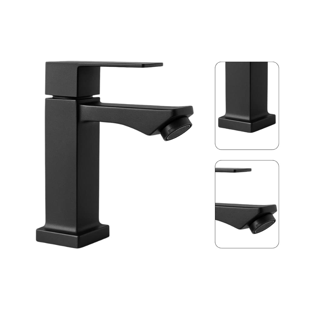 Torneira de banheiro em metal preto fosco, design minimalista, 1/4 volta resistente.