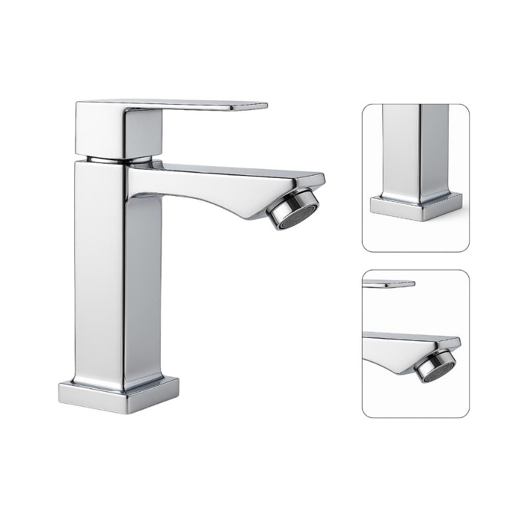 Torneira de banheiro em metal cromado prata, design quadrado moderno minimalista, 1/4 volta