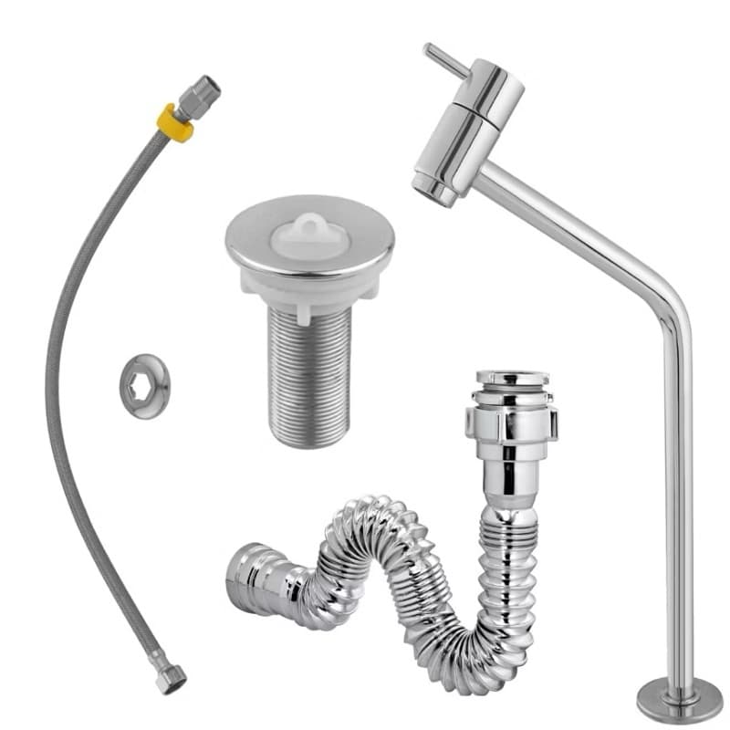 Conjunto completo para banheiro com torneira, válvula, sifão e engate flexível cromados