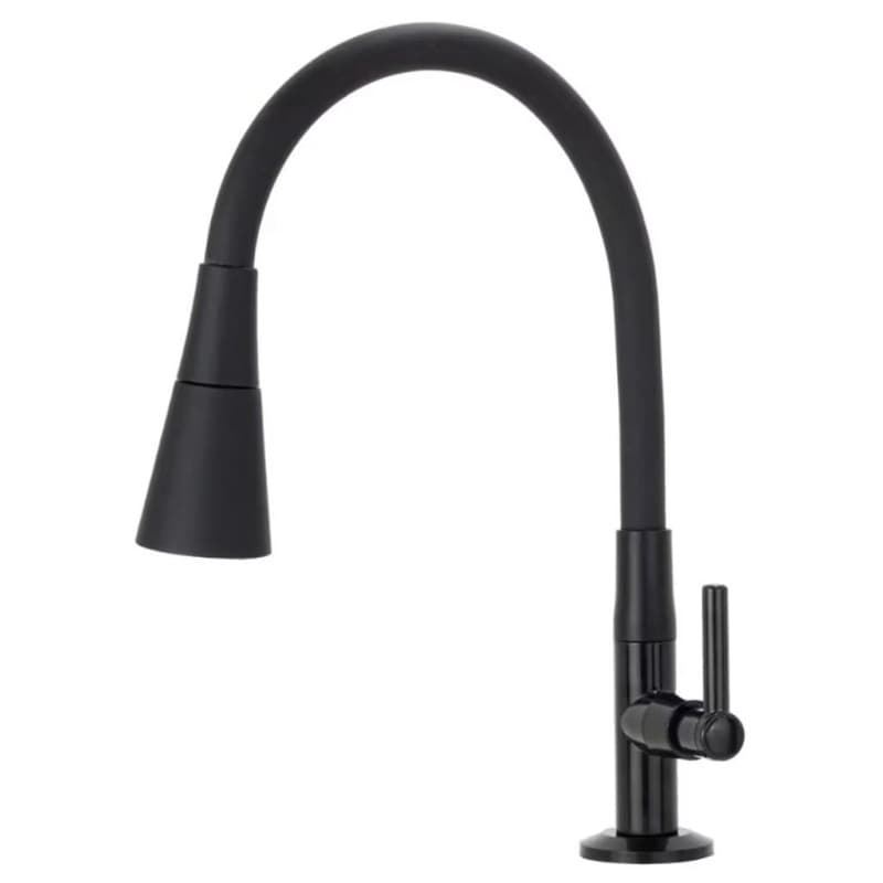 Torneira de mesa preta com bico flexível e cabo de controle, design moderno.