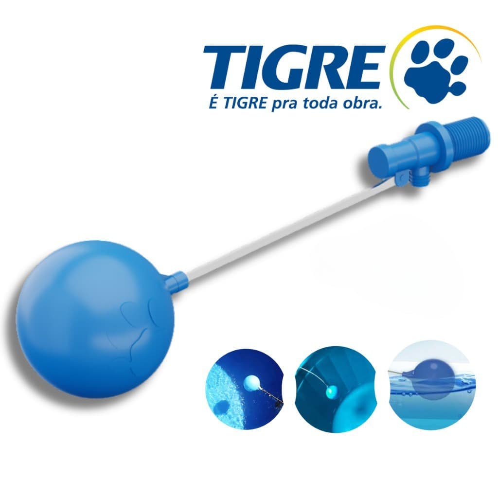 Torneira boia azul com esfera de flutuação e alavanca branca, logo TIGRE.