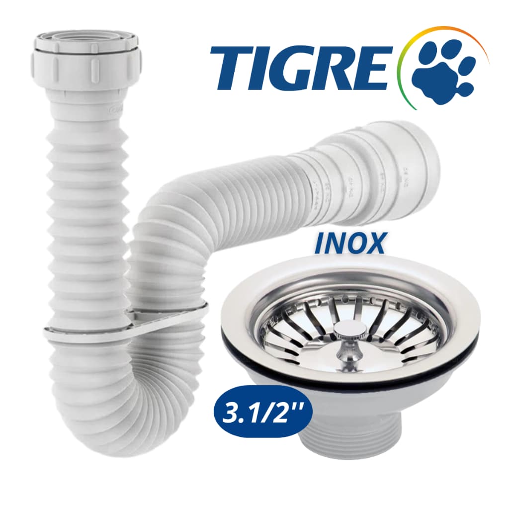 Sifão Sanfonado Tigre + Válvula Pia Cozinha Gourmet Válvula 3.1/2'' em Aço Inox Válvula Cuba Gourmet