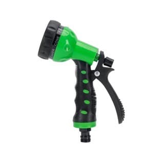 Esguicho para jardim com múltiplos tipos de jato e engate rápido, cor verde e preto.